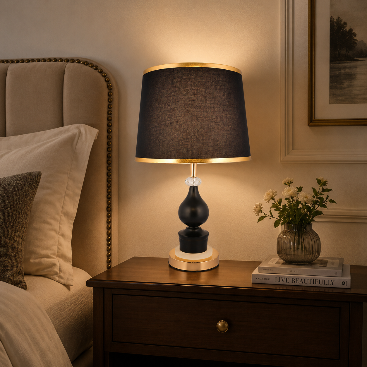 Luxury Black & Gold Crystal Accent Table Lamp