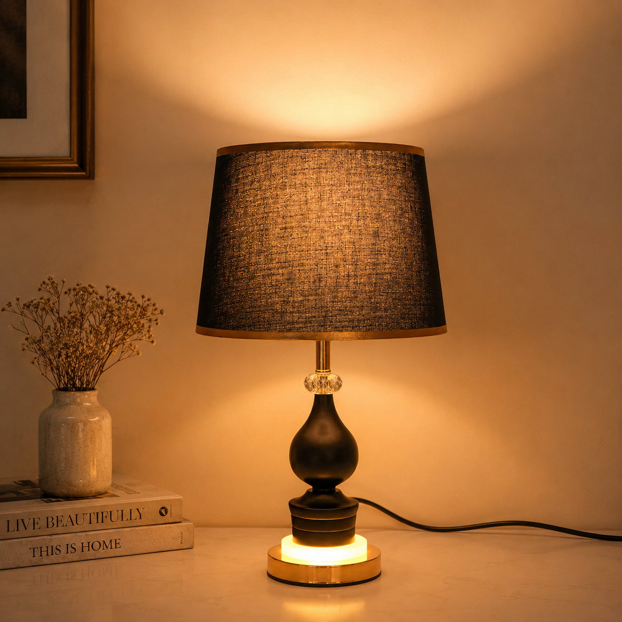 Luxury Black & Gold Crystal Accent Table Lamp