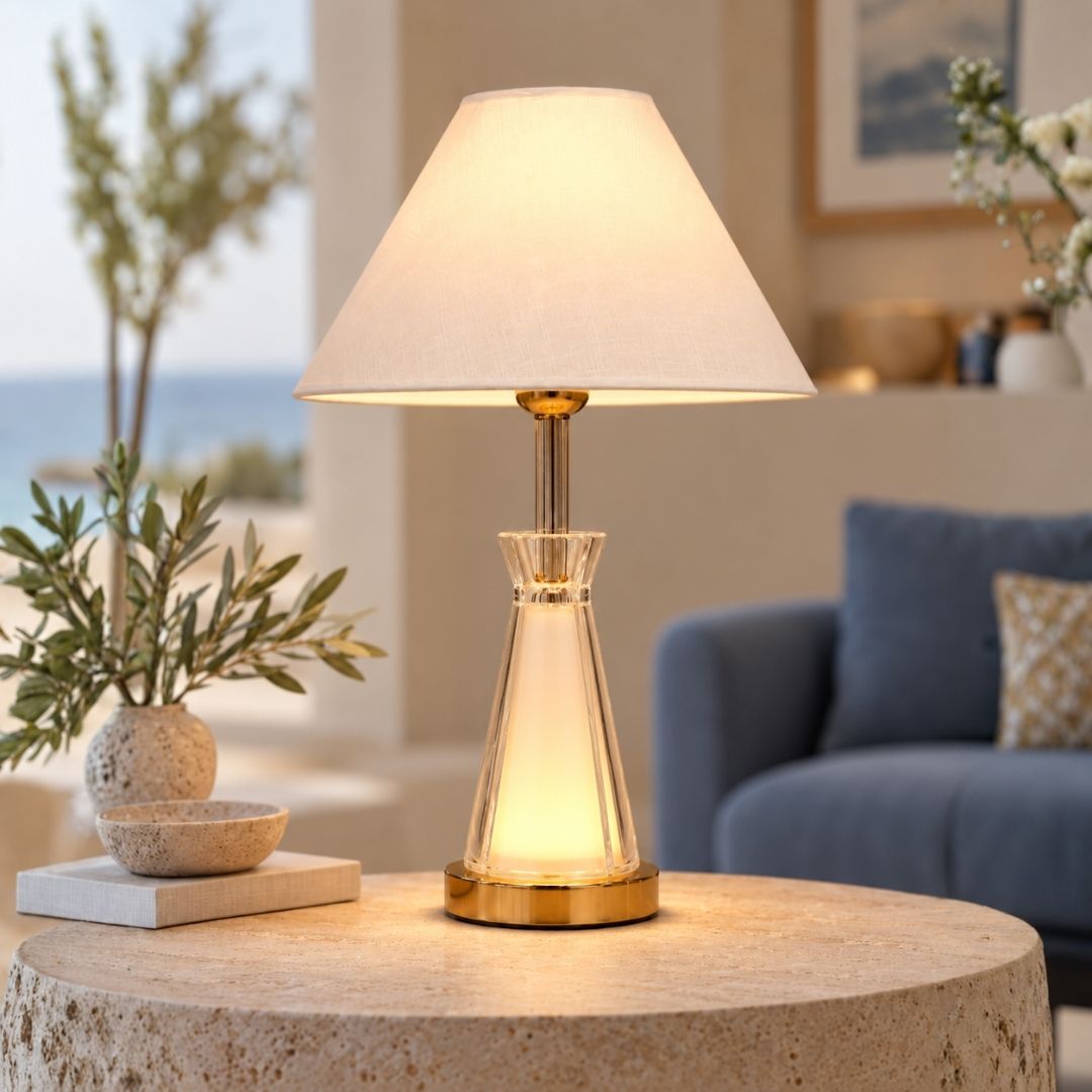 Dual-Light Table Lamp Clear Crystal Glass in White Shade