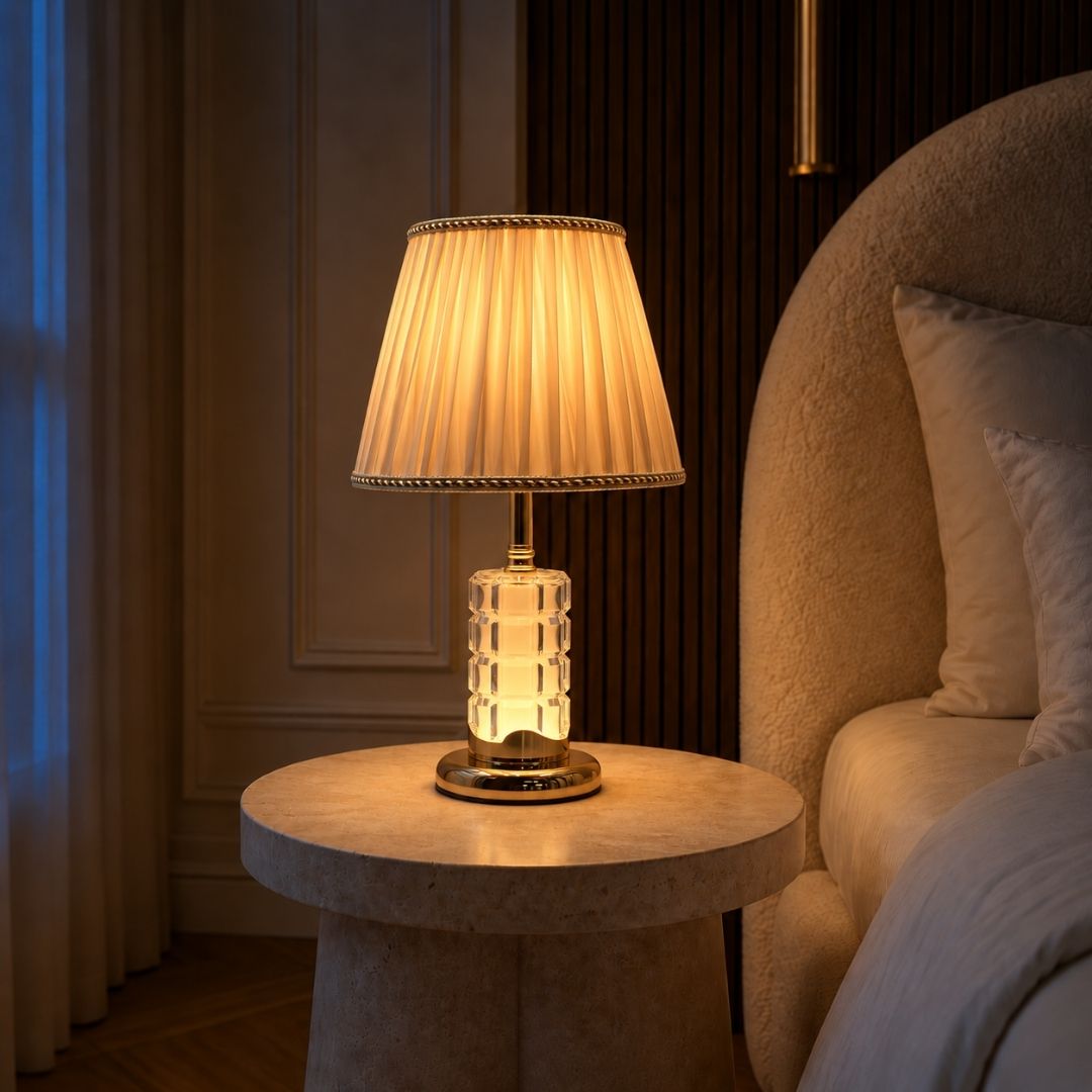 Crystal Glass Table Lamp with Pleated Fabric Shade