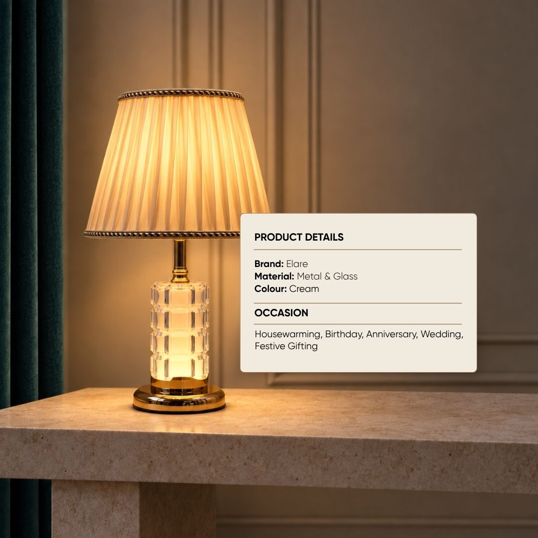 Crystal Glass Table Lamp with Pleated Fabric Shade