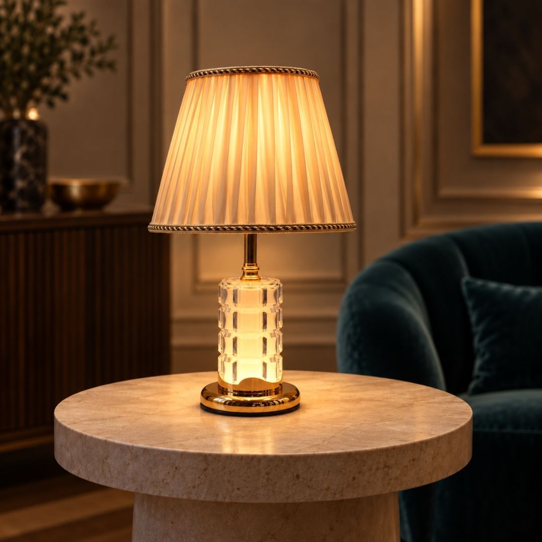 Crystal Glass Table Lamp with Pleated Fabric Shade