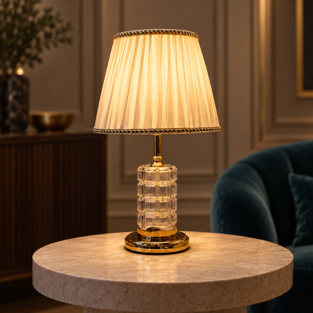 Crystal Glass Table Lamp with Fabric Shade
