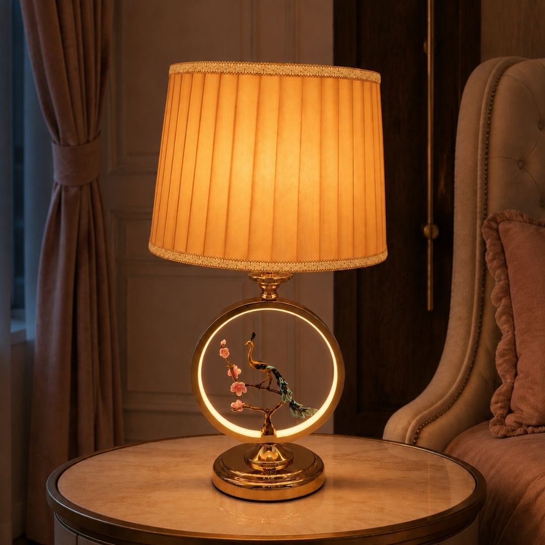 Peacock Table Lamp with Gold Frame