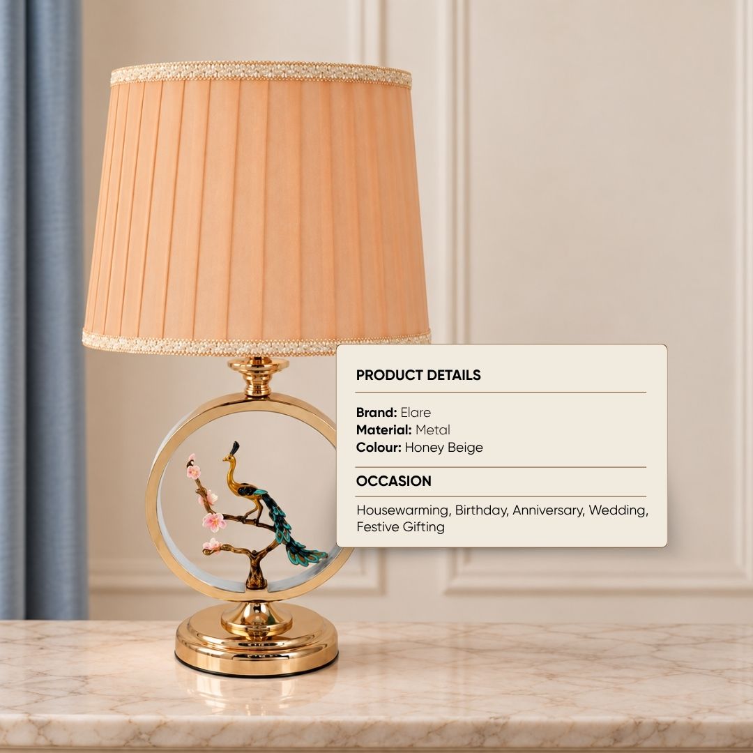 Peacock Table Lamp with Gold Frame