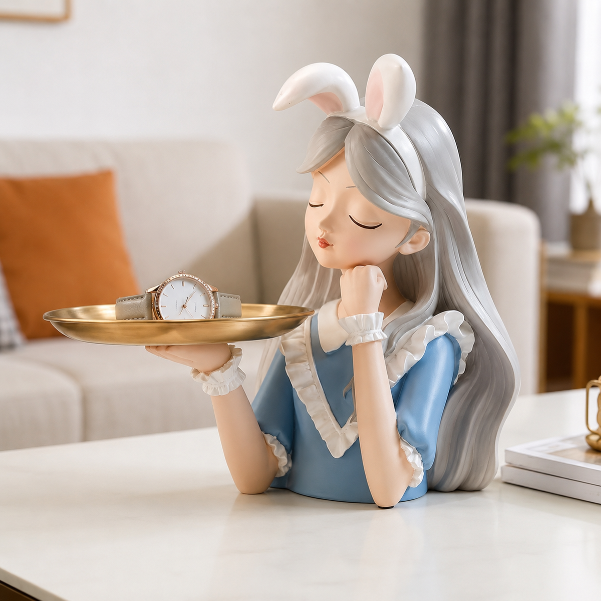 Decorative Girl Tray Showpiece with Bunny Ears Tabletop Organizer
