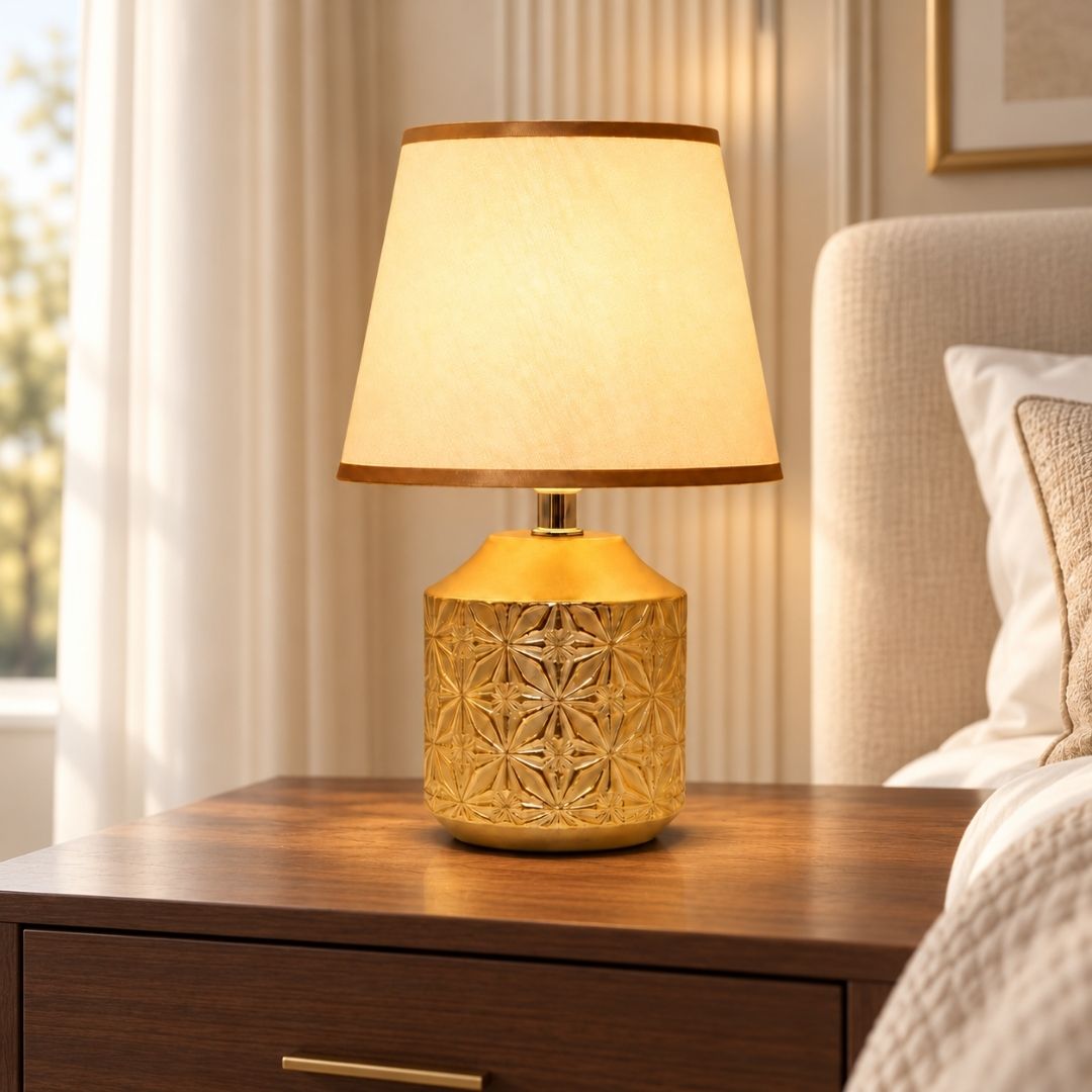 Geometric Floral Carved Table Lamp with Elegant Fabric Shade