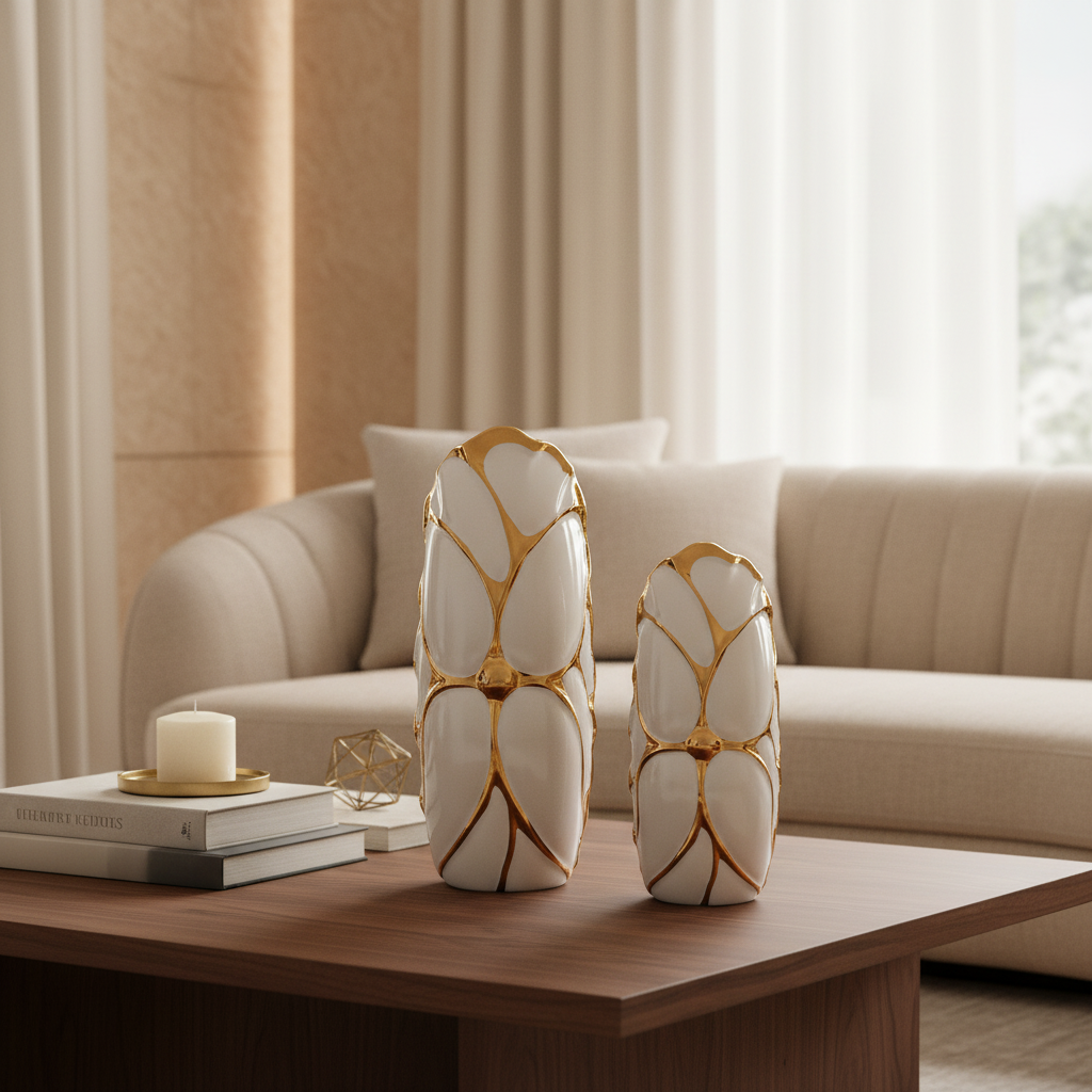 Sculptural Ceramic Vase Set – White & Gold (Set of 2)