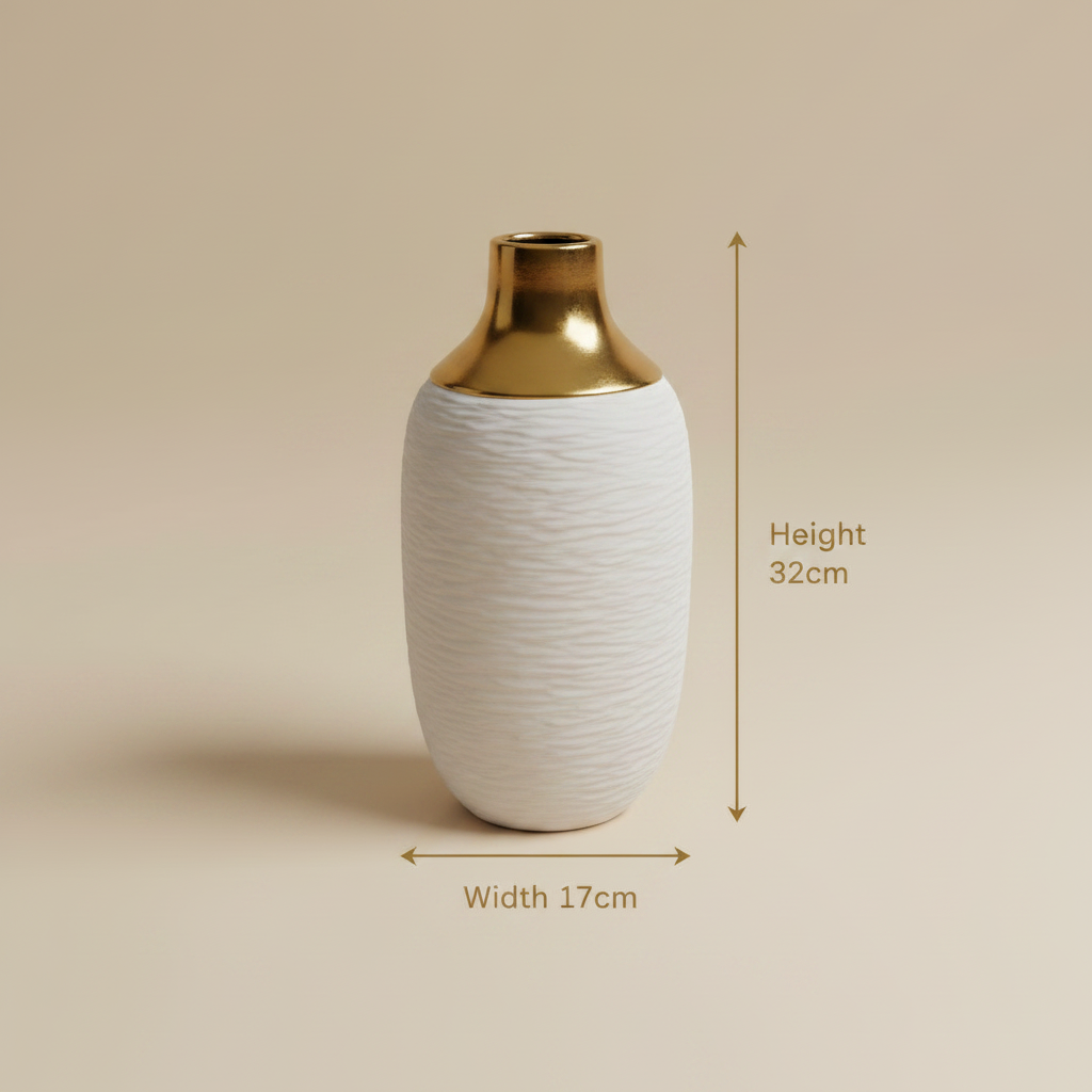Textured Ceramic Vase with Gold Accent Neck