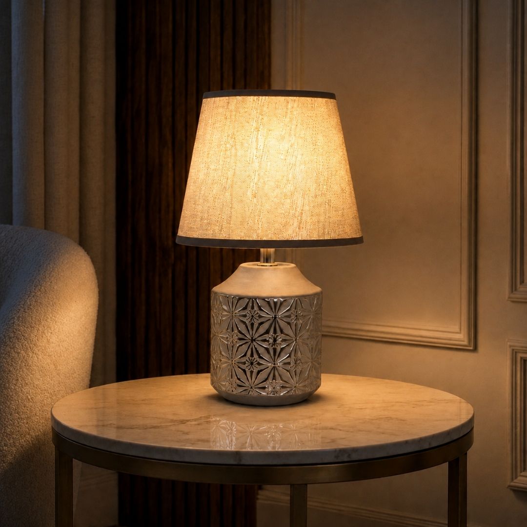 Table Lamp Silver with Textured Decorative Base and Fabric Shade
