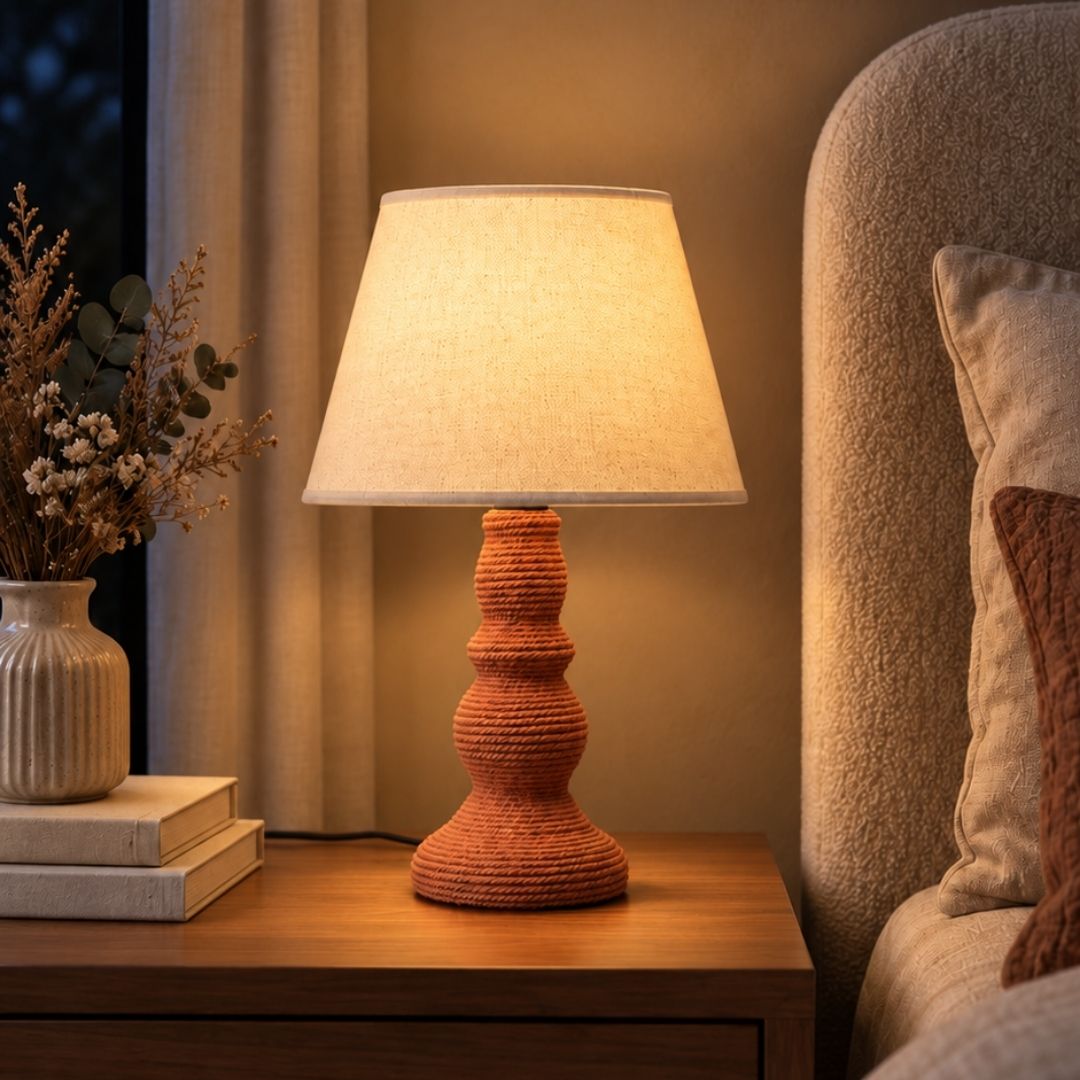 Coral Pink Rope-Wrapped Ceramic Table Lamp with White Taper Shade
