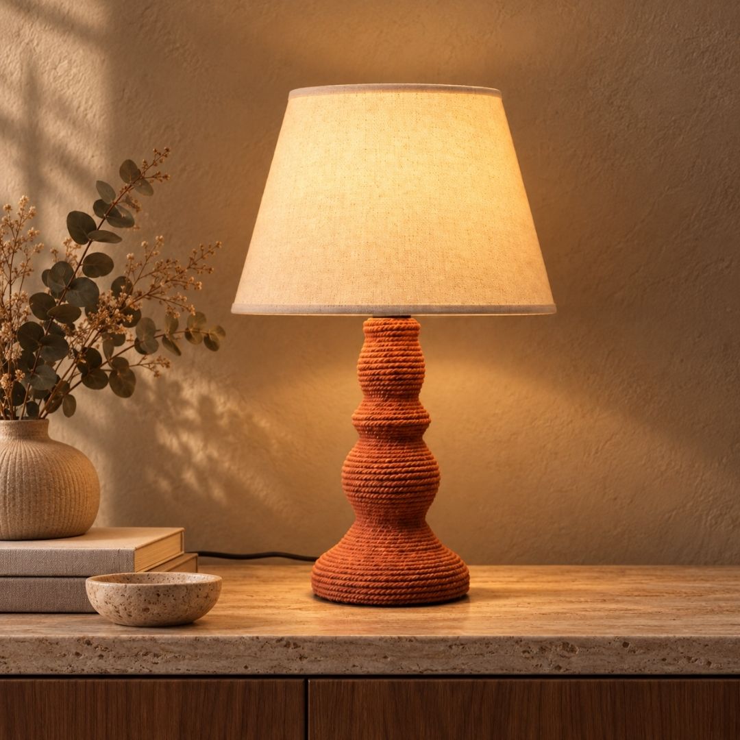 Coral Pink Rope-Wrapped Ceramic Table Lamp with White Taper Shade