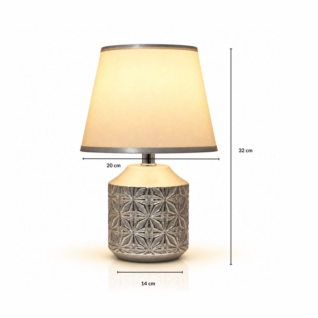 Table Lamp Silver with Textured Decorative Base and Fabric Shade