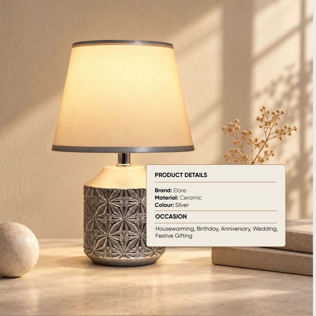 Table Lamp Silver with Textured Decorative Base and Fabric Shade