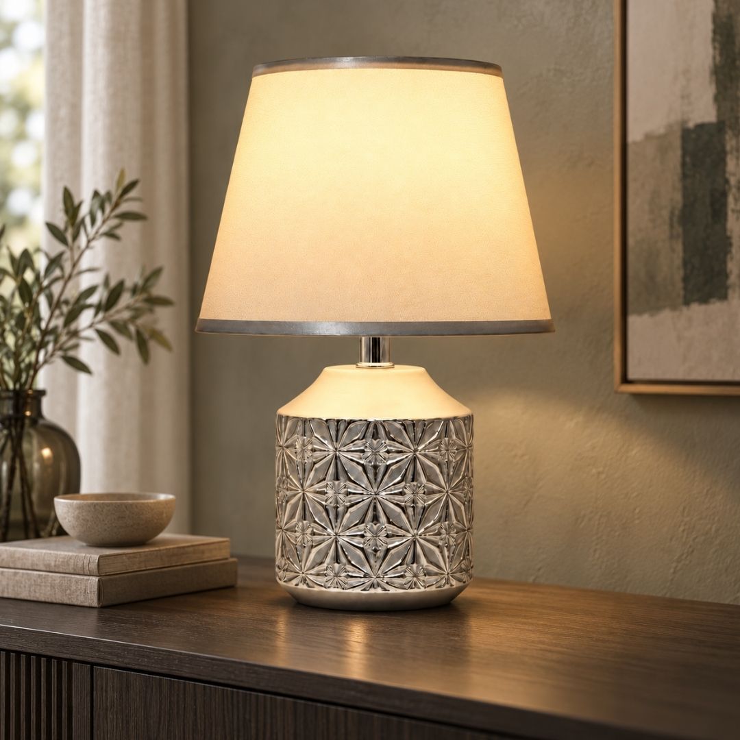 Table Lamp Silver with Textured Decorative Base and Fabric Shade