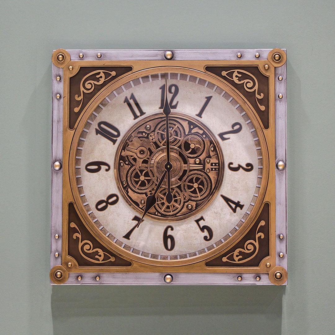 Steampunk Square Wall Clock with Vintage Gear Design