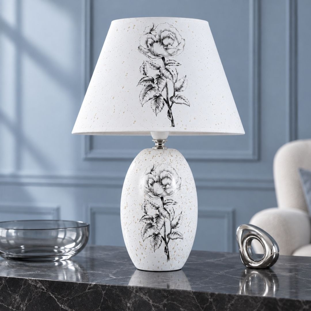 Elare Blossom Table Lamp in White Color Taper Print Shade
