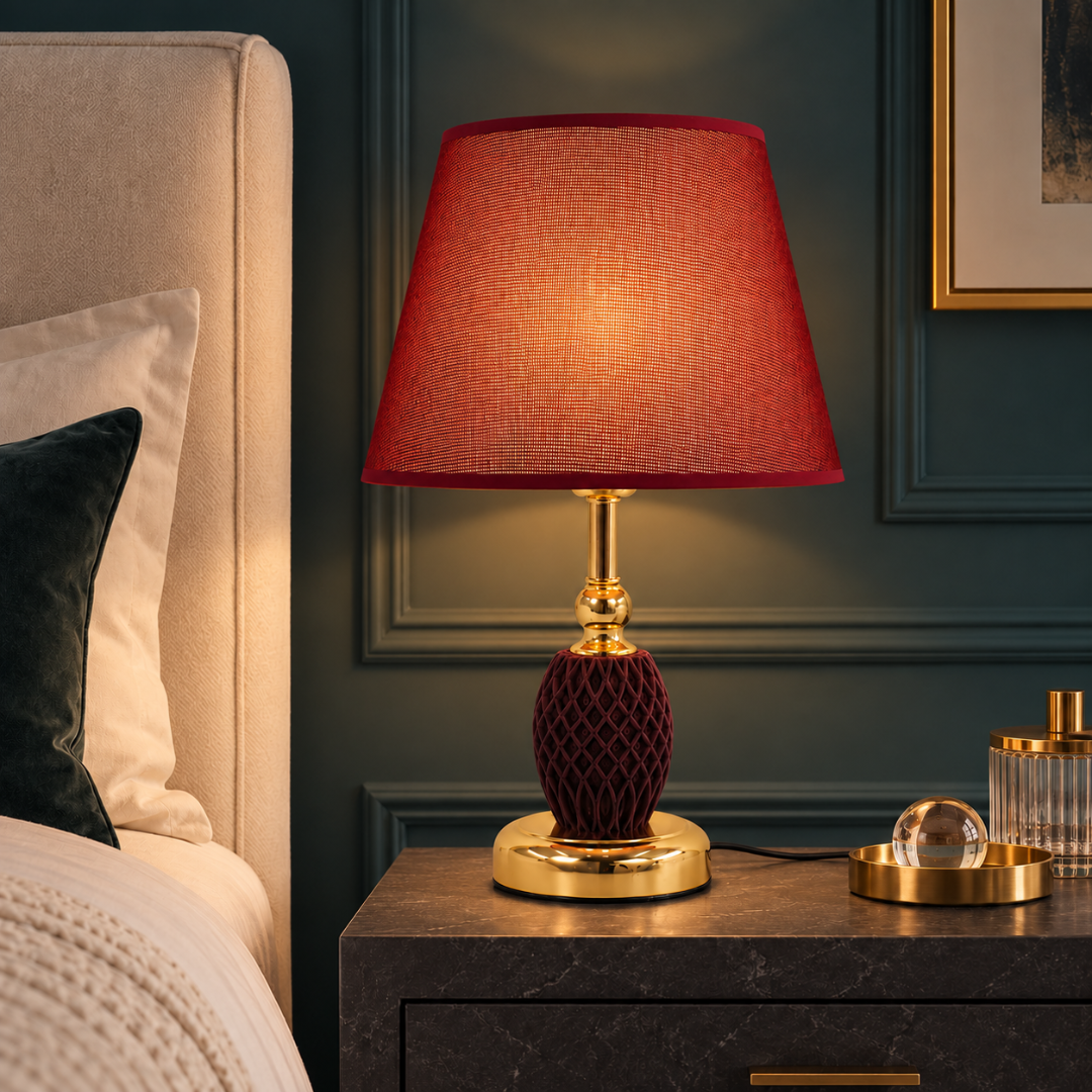 Burgundy Textured Table Lamp with Gold Finish