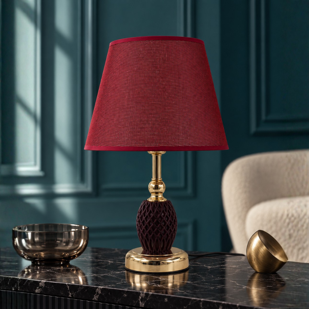 Burgundy Textured Table Lamp with Gold Finish