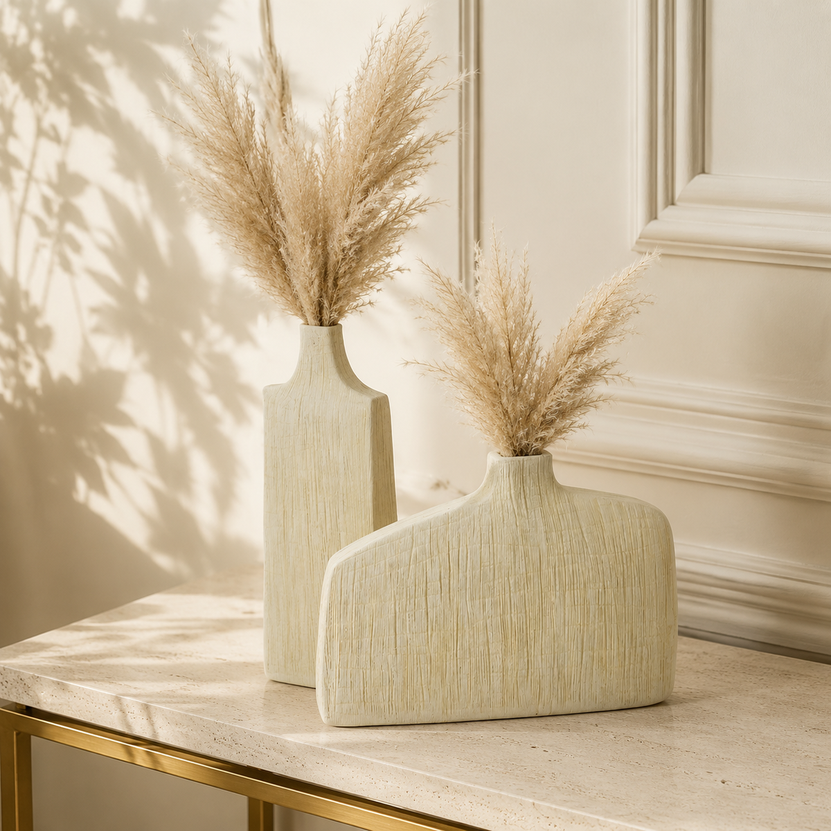 Modern Textured Ivory Polyresin Vase Set of 2