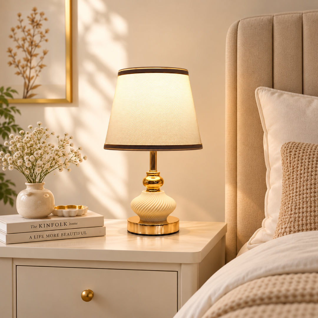 Ivory & Gold Ribbed Table Lamp with Fabric Shade – 36 cm