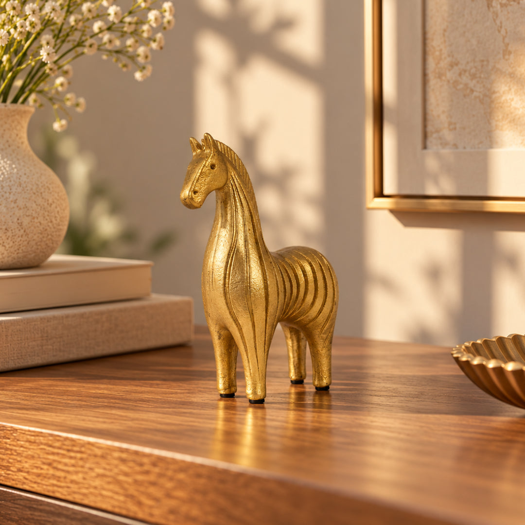 Golden Horse Showpiece – Luxury Textured Horse Figurine with Artistic Carved Design