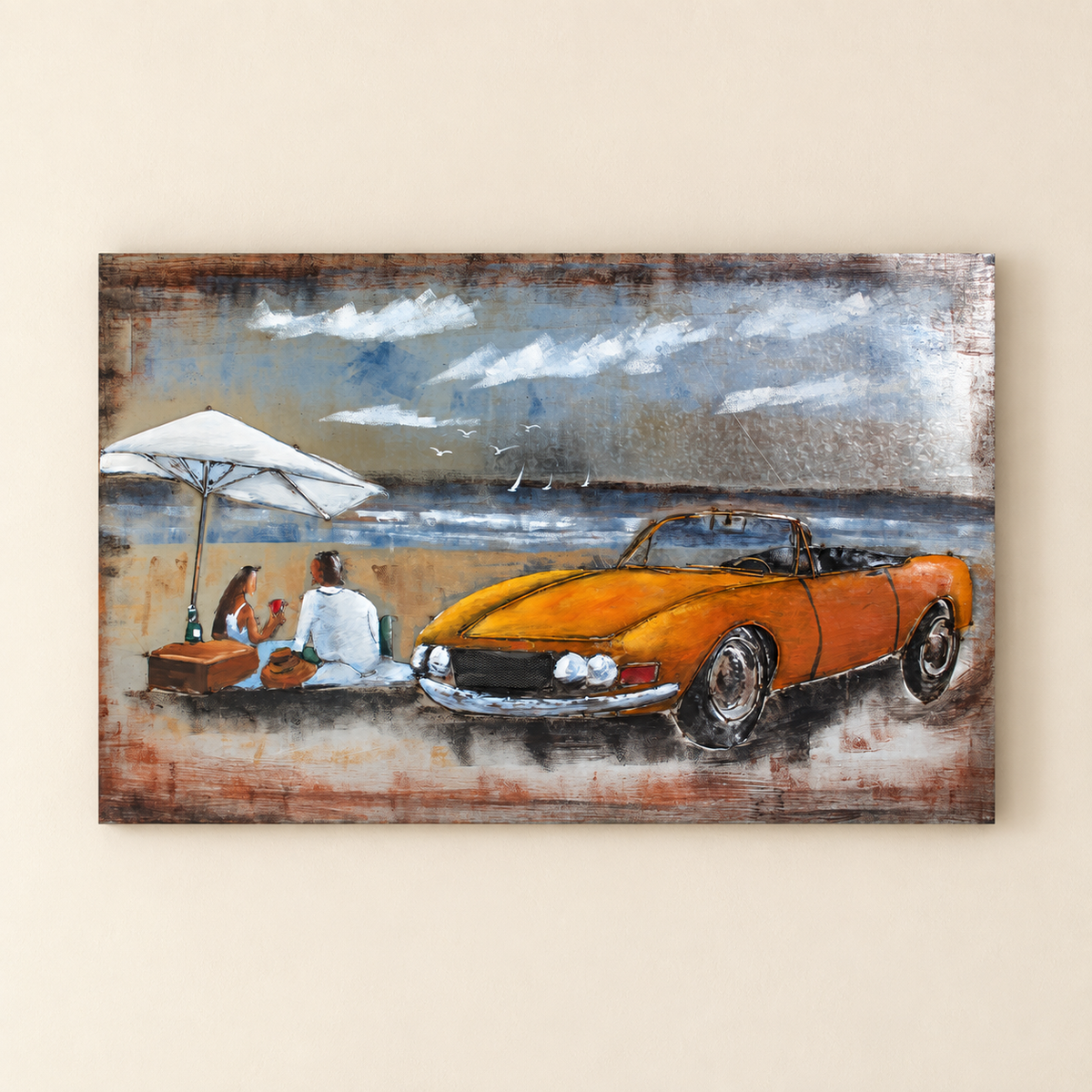 Vintage Coastal Drive Metal Wall Art – 3D Textured Statement Décor