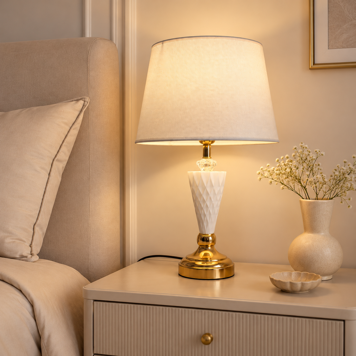 White Crystal And Gold Table Lamp With Fabric Shade