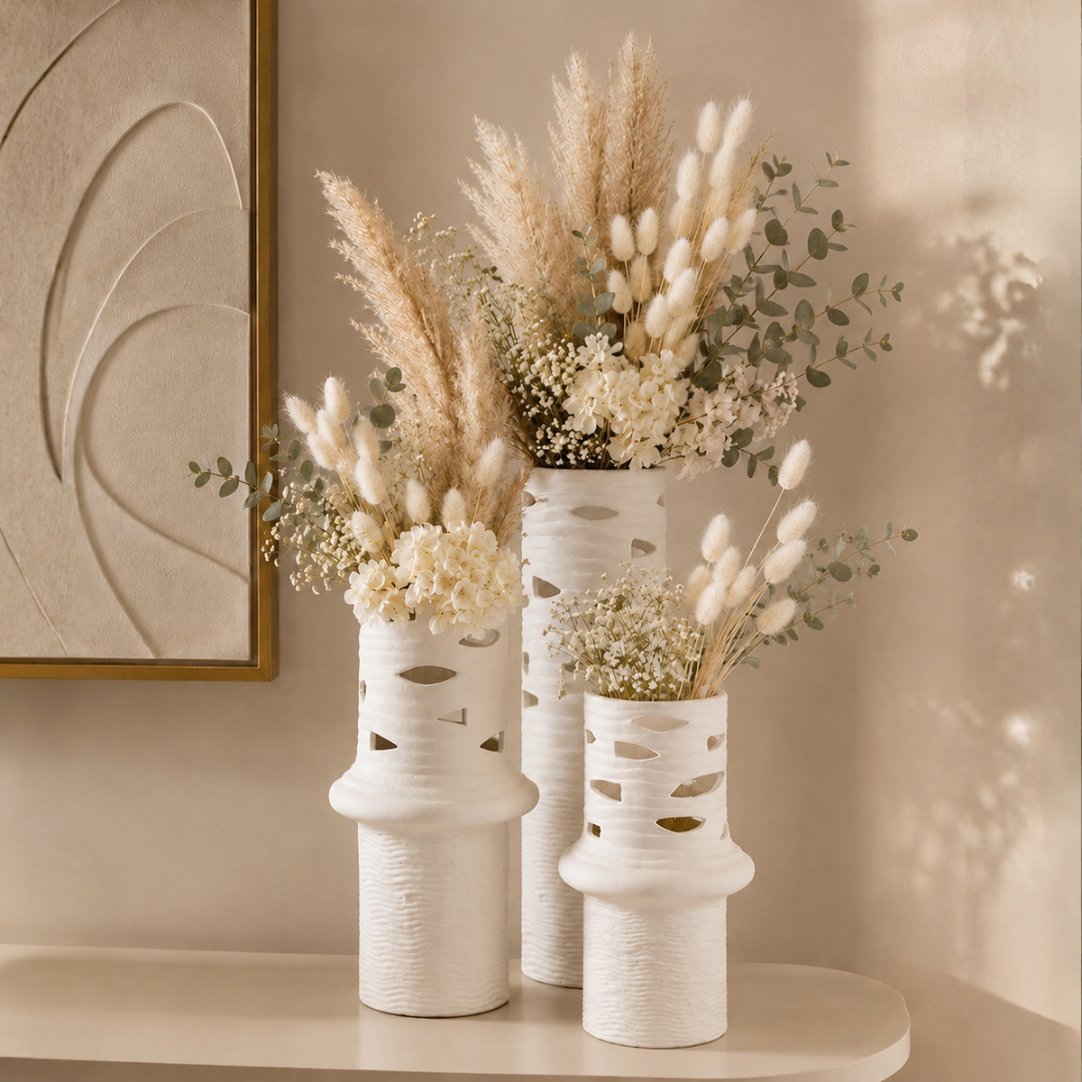 Sculptural Cutwork White Ceramic Flower Vases Set
