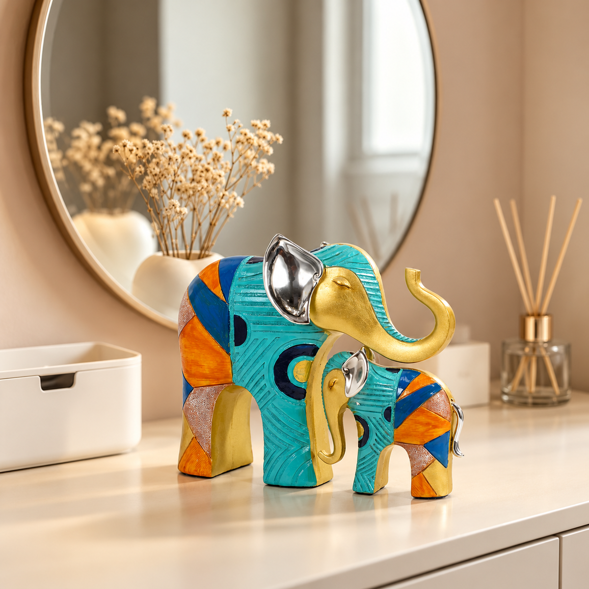 Royal Mother & Baby Elephant Showpiece Set of 2 – Multicolour Polyresin Elephant Figurines