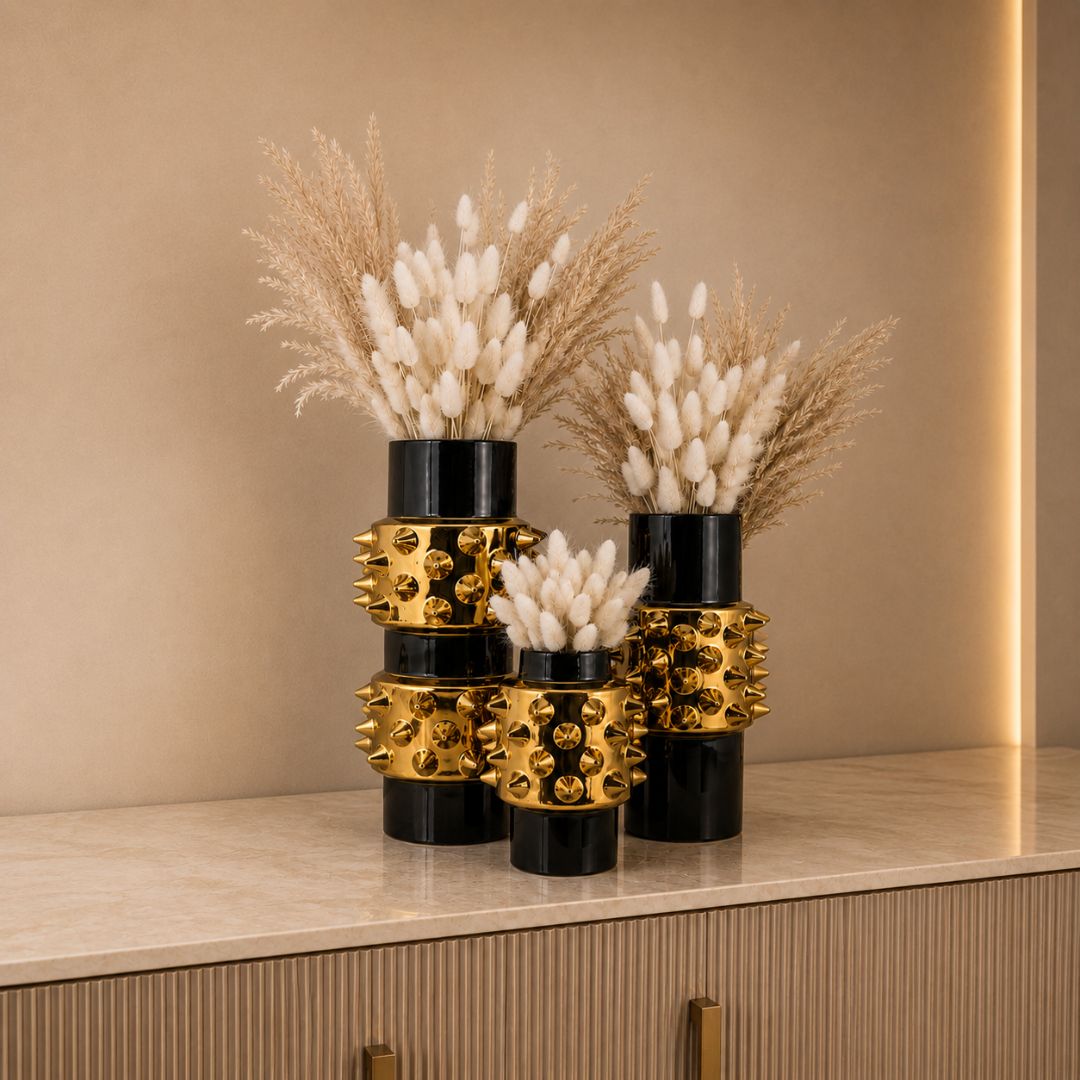 Black And Gold Ceramic Decorative Vase Set Of 3 With Studded Design