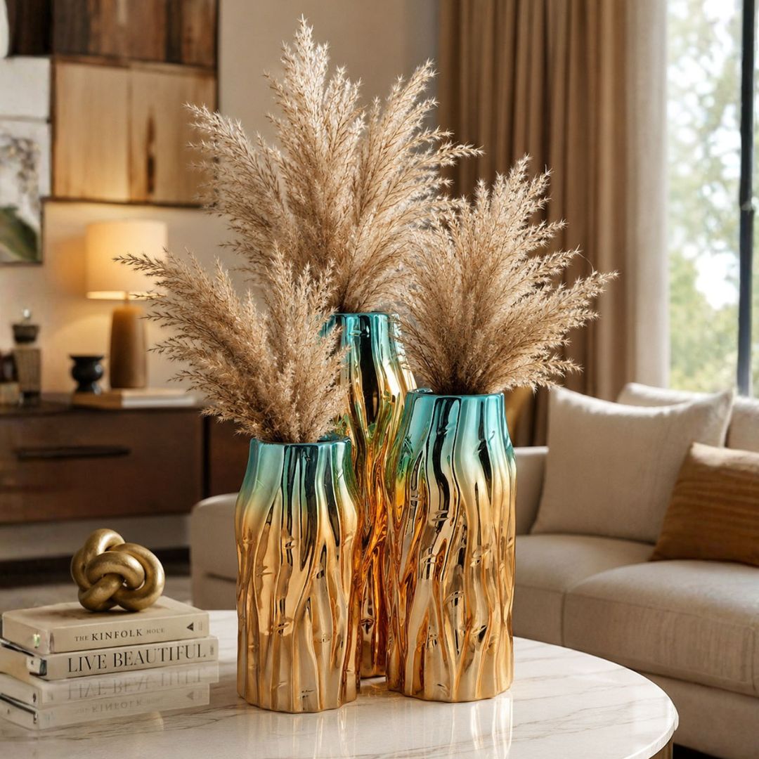 Modern Sculptural Ceramic Vase Set of 3 – Turquoise Blue