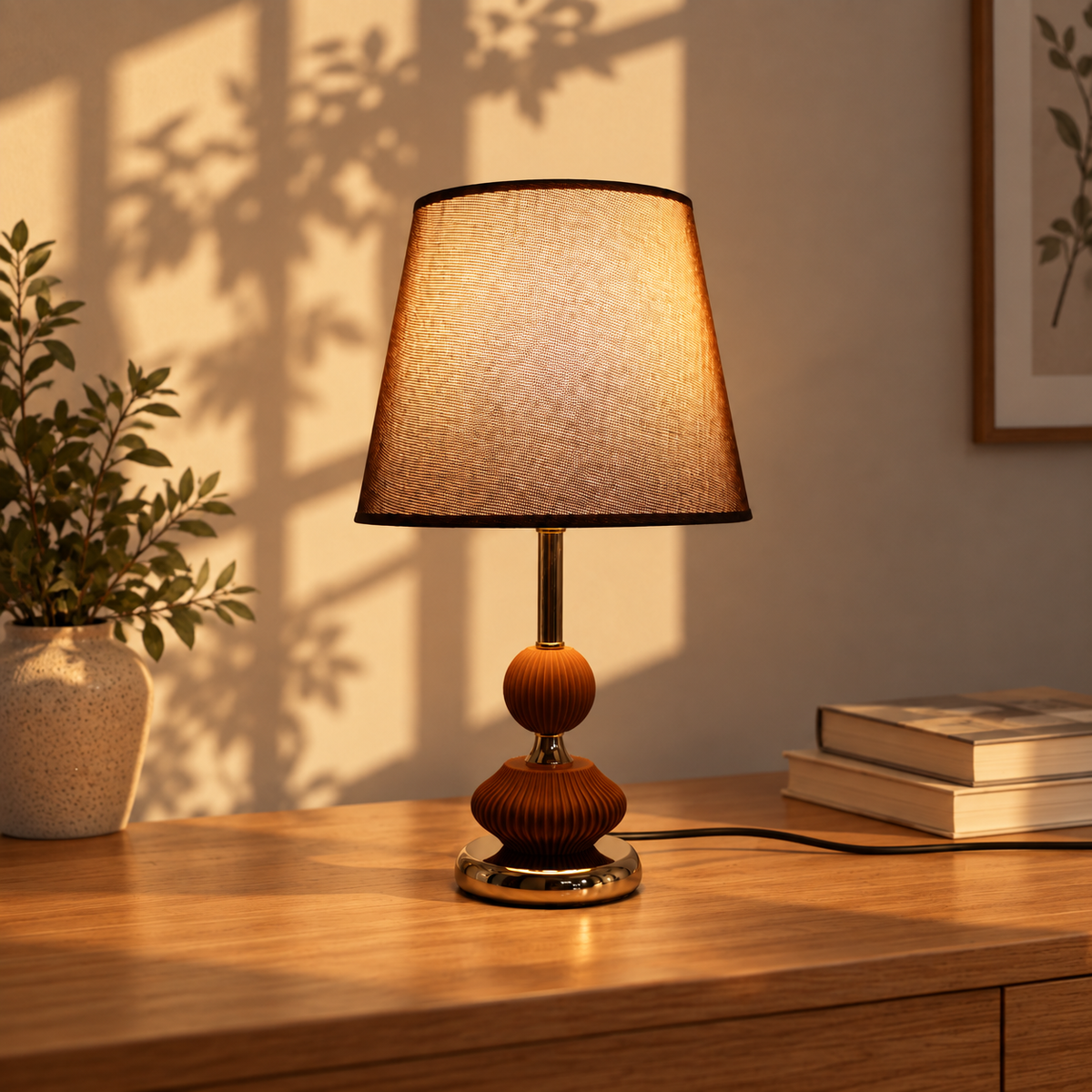 Brown And Gold Decorative Table Lamp With Fabric Shade