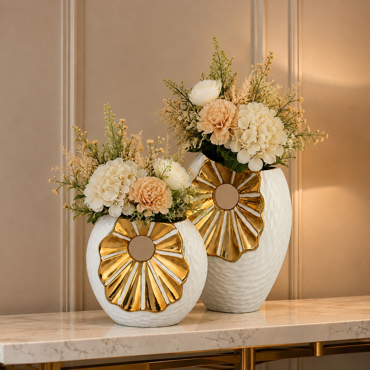 Textured White & Gold Ceramic Flower Vase Set of 2