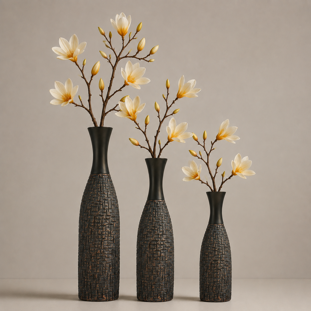Textured Black & Antique Copper Polyresin Floor Vase Set
