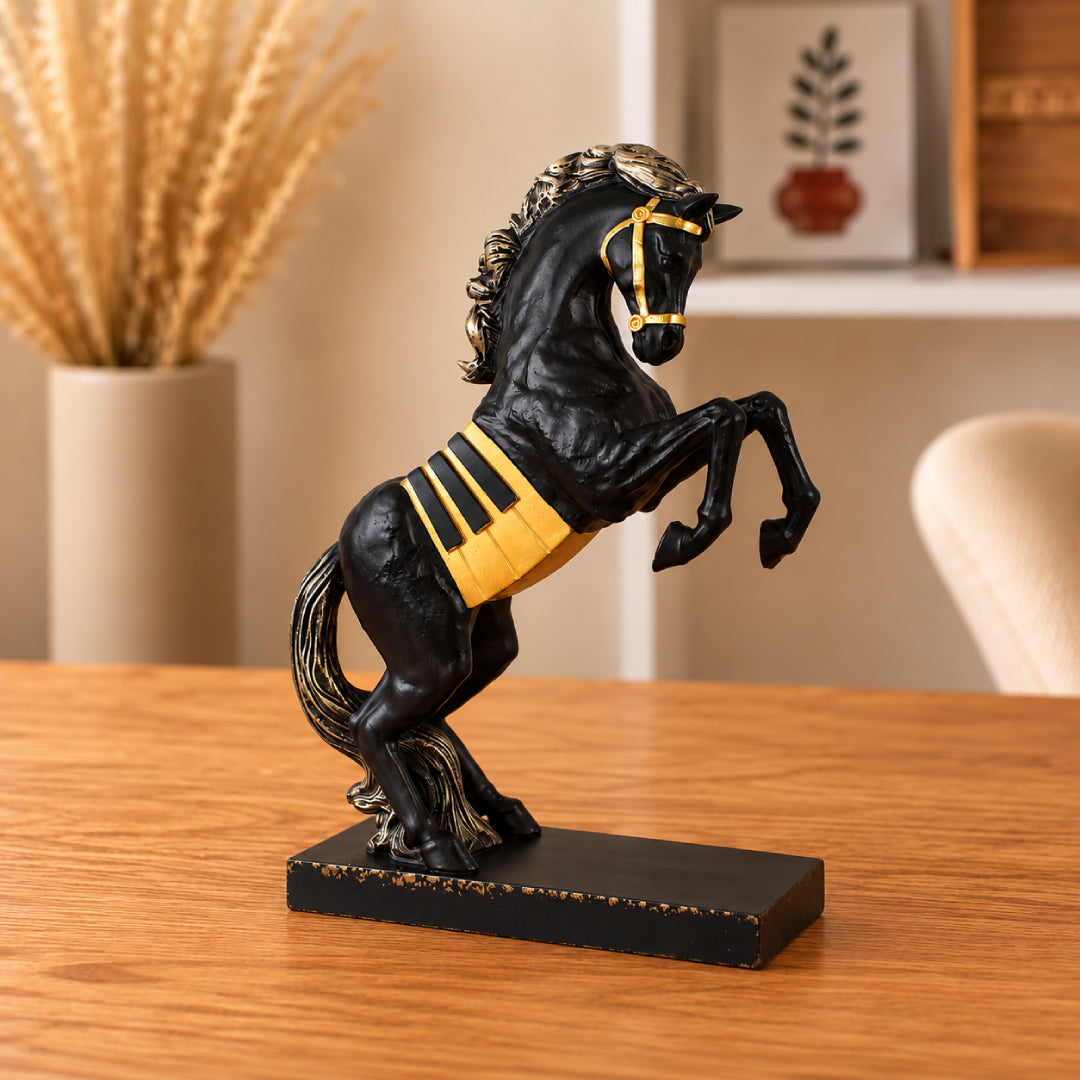 Royal Rearing Horse Showpiece – Black & Gold Decorative Horse Statue