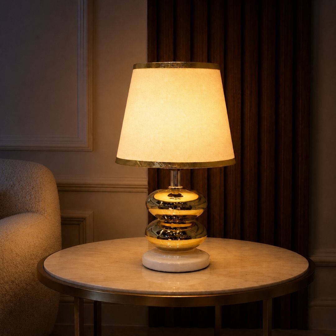 Twin Sphere Gold Table Lamp with Elegant White Shade with Golden Strip