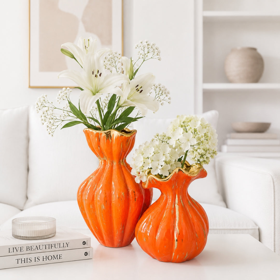 Molten Petal Orange Ceramic Flower Vase Set of 2 with Gold Accents