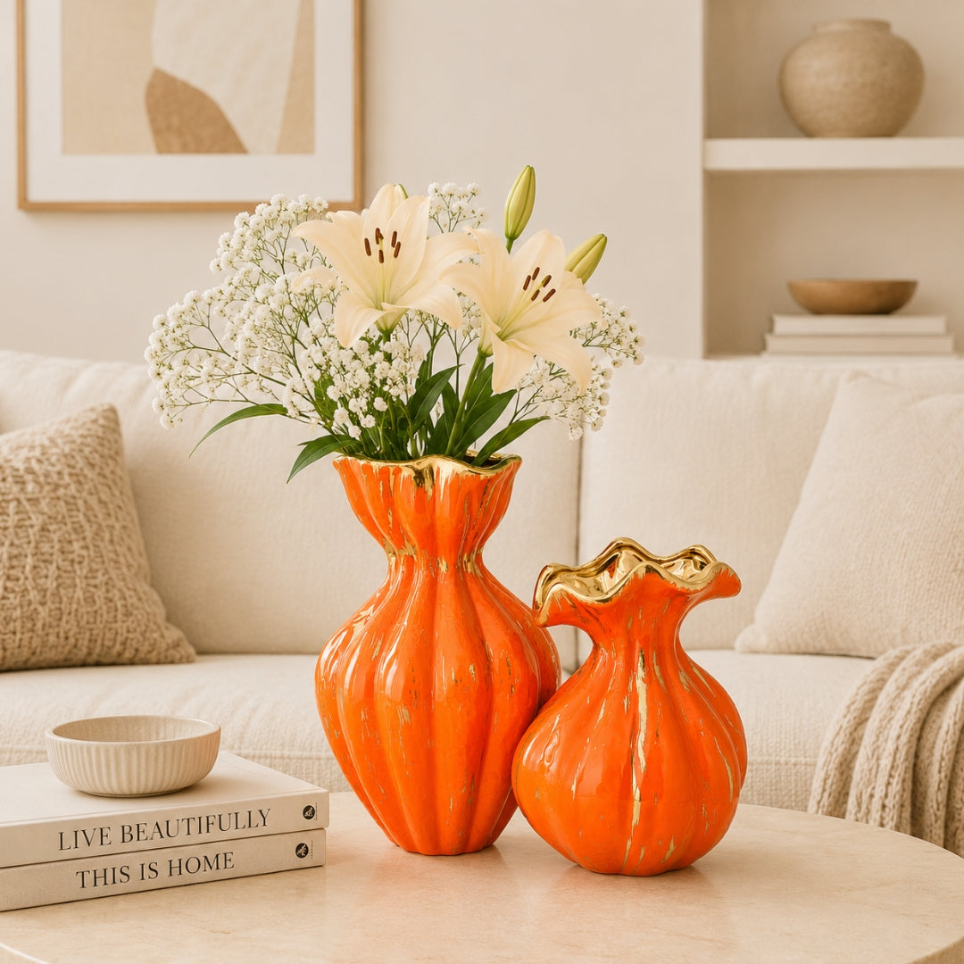 Molten Petal Orange Ceramic Flower Vase Set of 2 with Gold Accents
