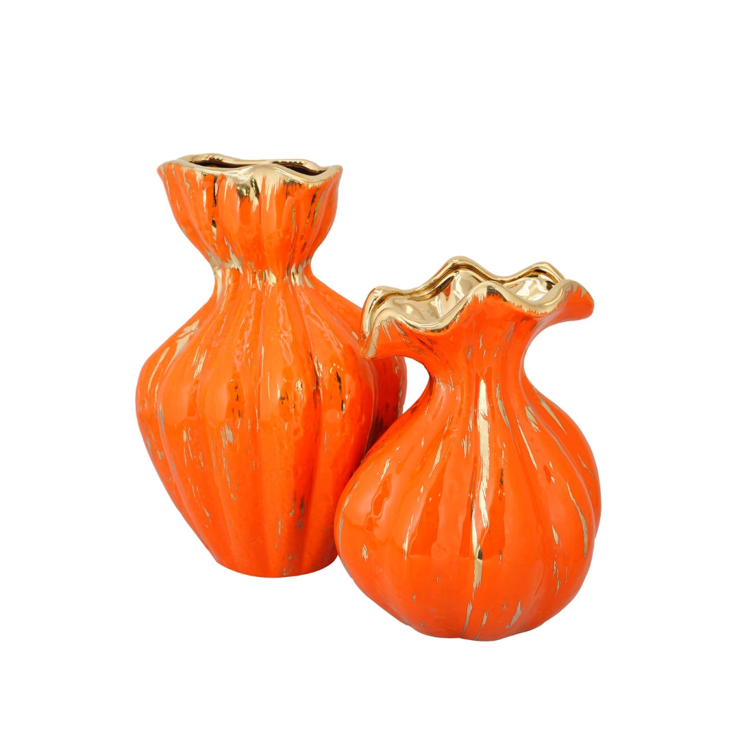 Molten Petal Orange Ceramic Flower Vase Set of 2 with Gold Accents