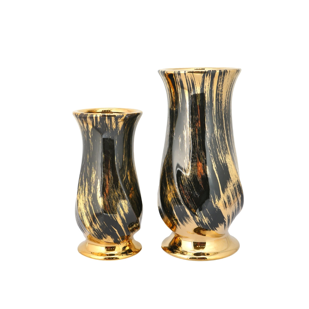Gilded Brushstroke Black & Gold Ceramic Flower Vase Set of 2