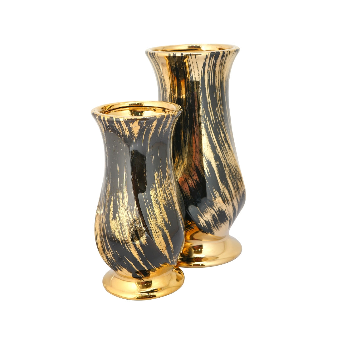 Gilded Brushstroke Black & Gold Ceramic Flower Vase Set of 2