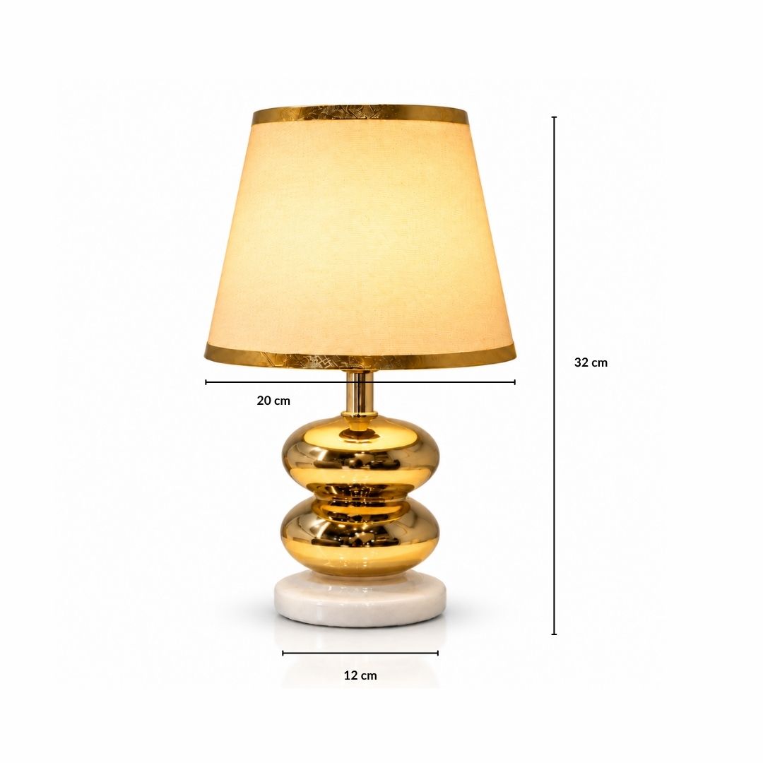Twin Sphere Gold Table Lamp with Elegant White Shade with Golden Strip