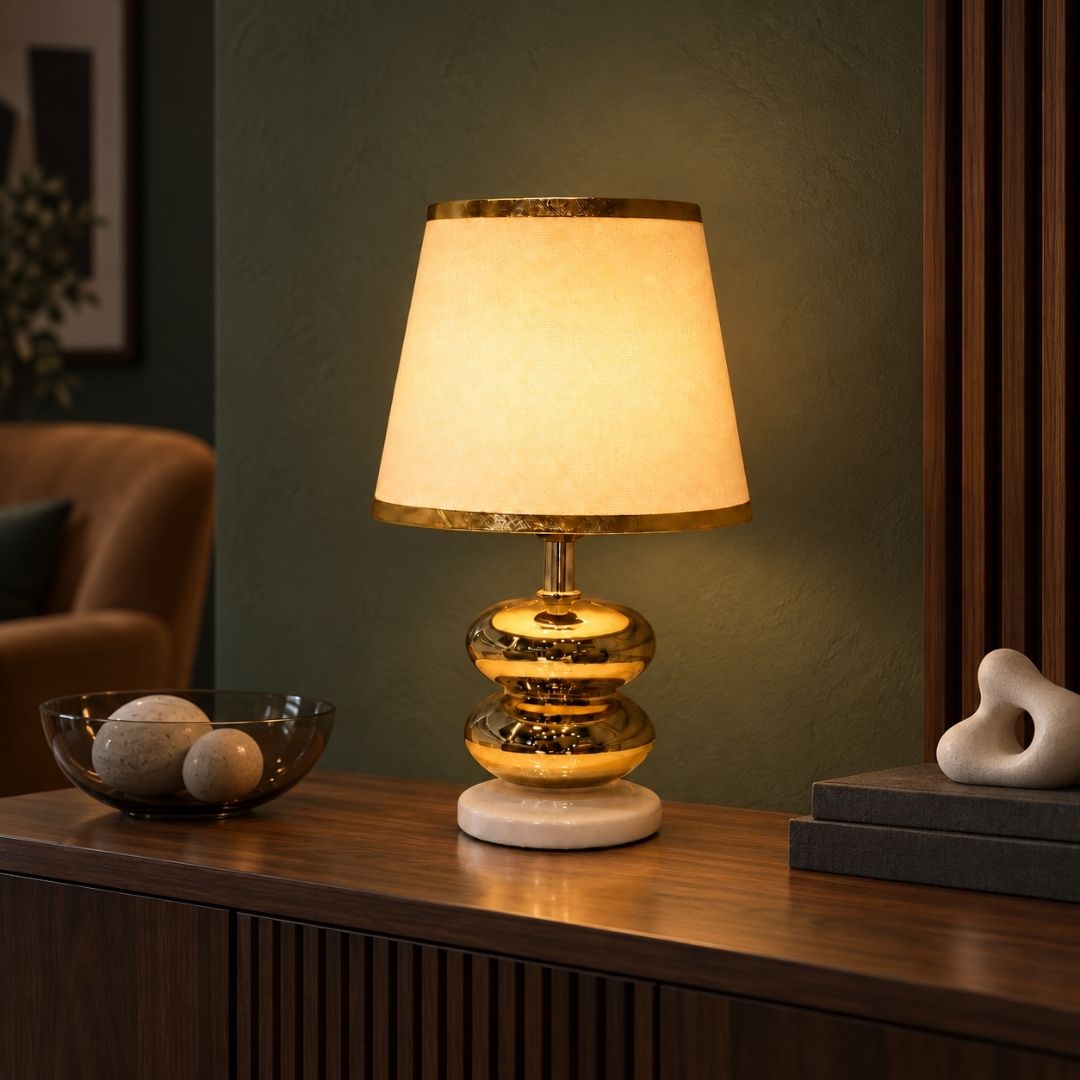 Twin Sphere Gold Table Lamp with Elegant White Shade with Golden Strip