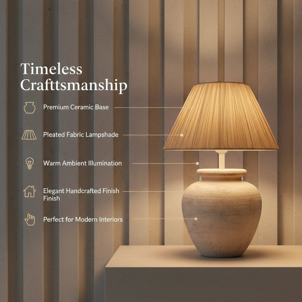 Rustic Ceramic Table Lamp with Handcrafted Pleated Fabric Shade