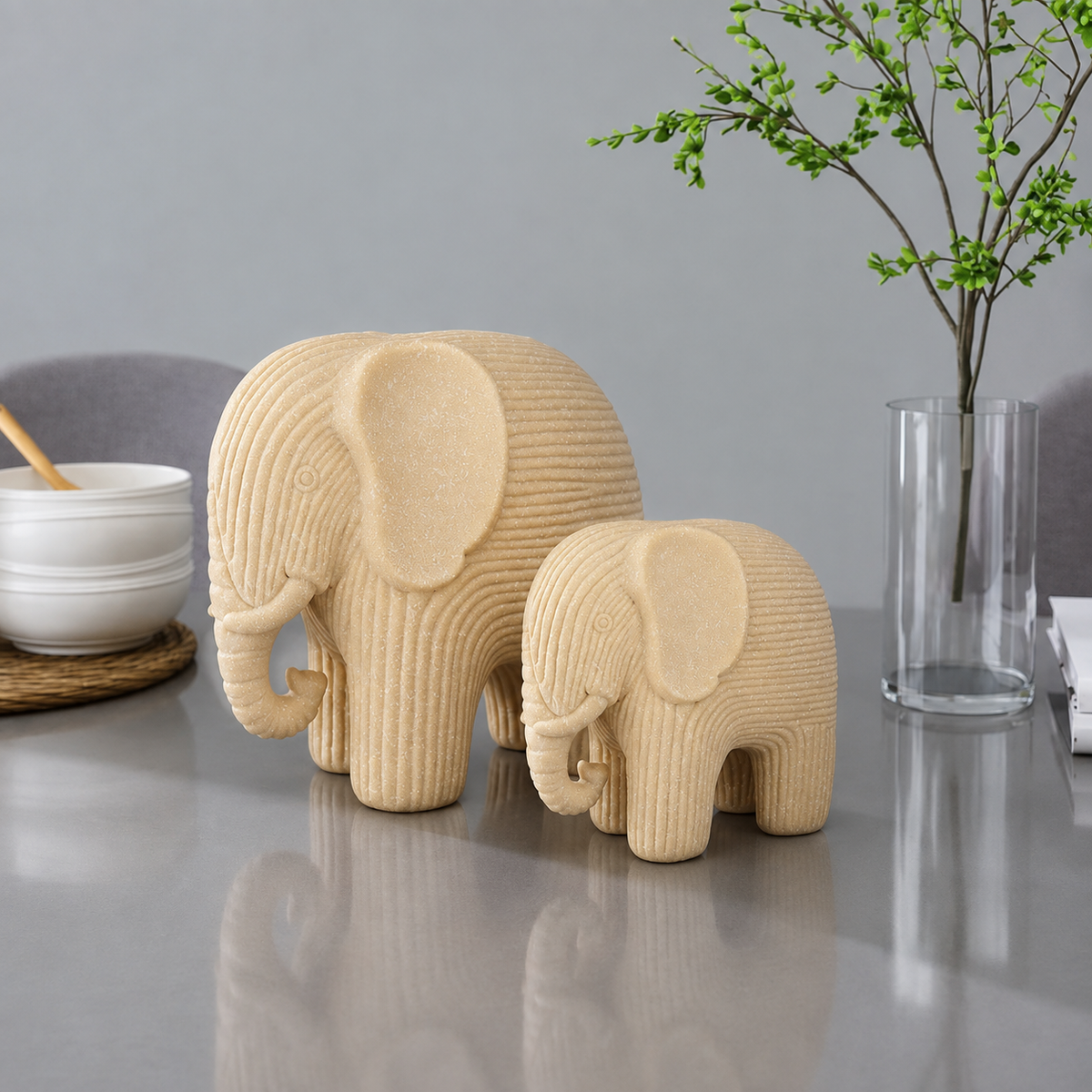 Elegant Beige Elephant Showpiece Set of 2