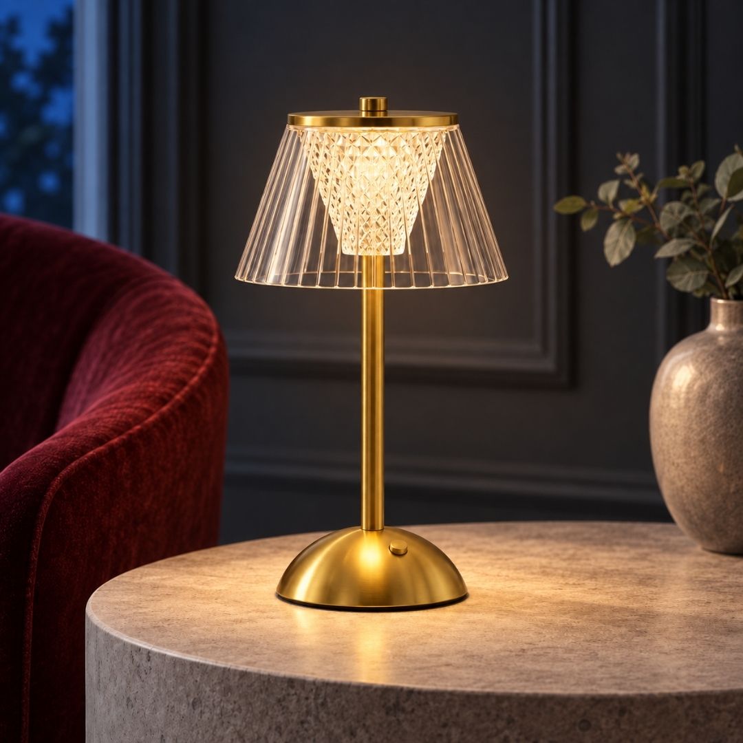 Crystal Pleated Gold Rechargeable Touch Table Lamp