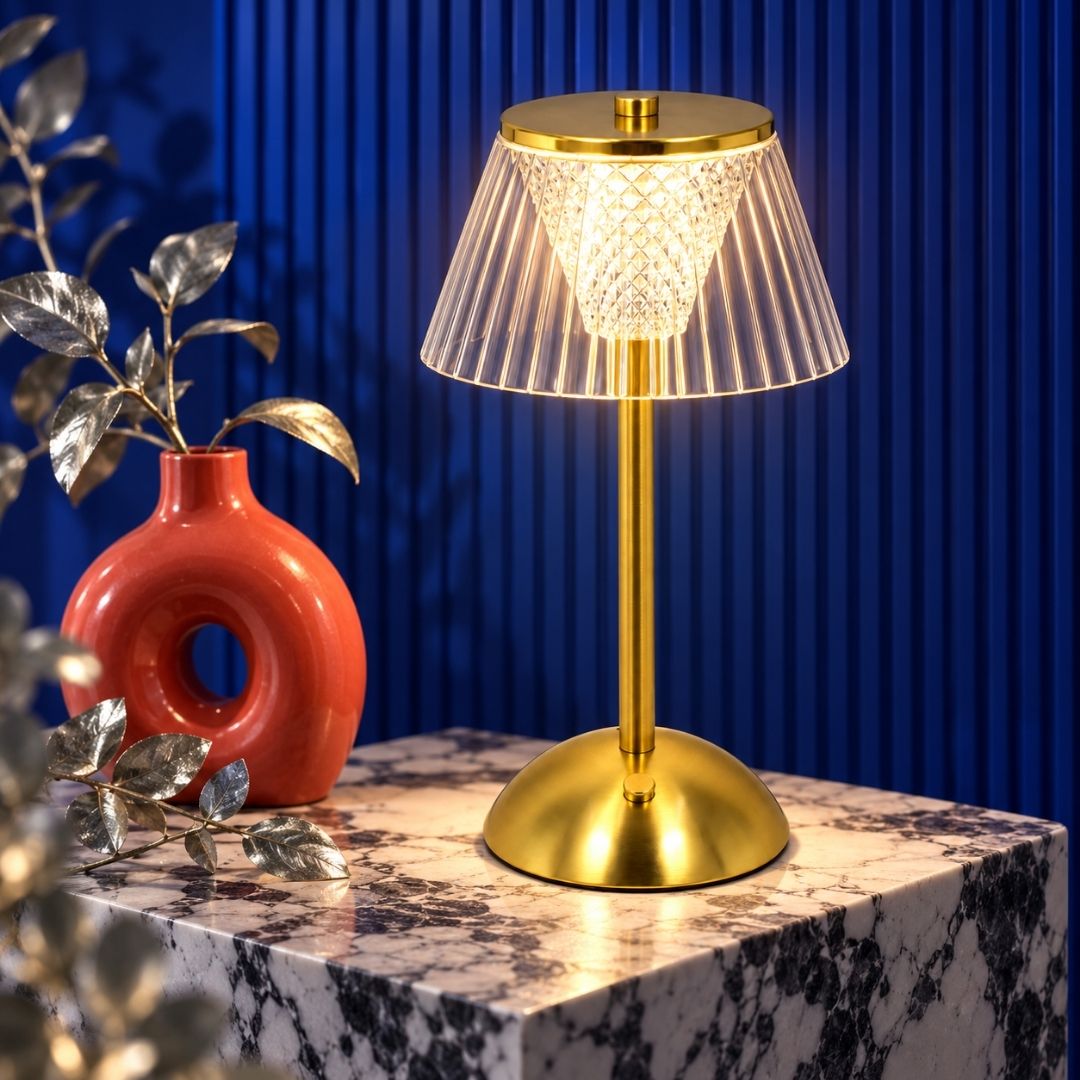 Crystal Pleated Gold Rechargeable Touch Table Lamp