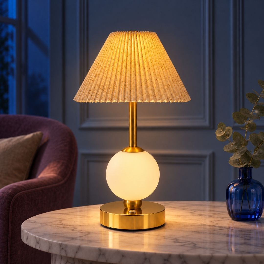 Pleated Shade Gold Rechargeable Tap Lamp