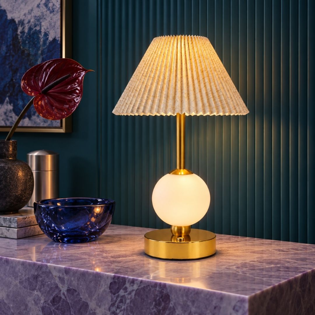 Pleated Shade Gold Rechargeable Tap Lamp